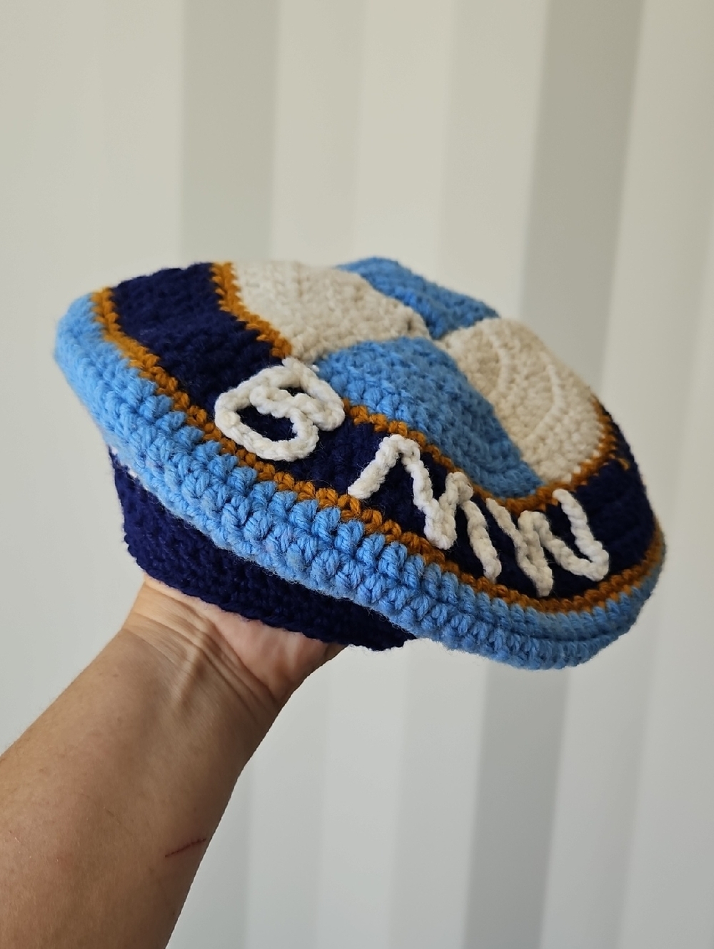Vintage Handmade BMW Crocheted Blue and White Women's Beret with Gold Trim - Picture 3 of 5
